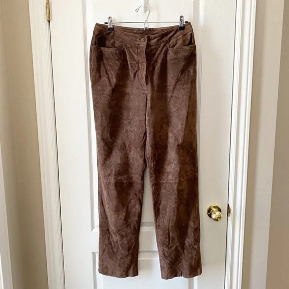 Vintage Suede Leather Pants High Waisted Straight Leg  Chocolate Brown Size 10 - Picture 3 of 16